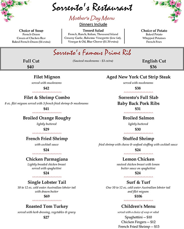Mothers Day menu