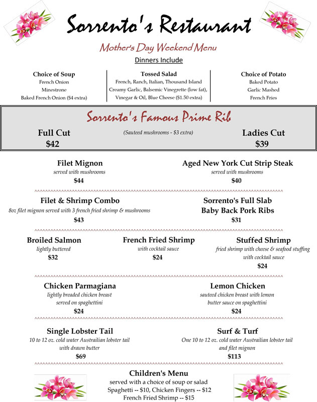 Mothers Day Weekend Menu