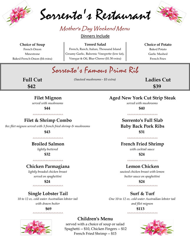 Mothers Day Weekend Menu